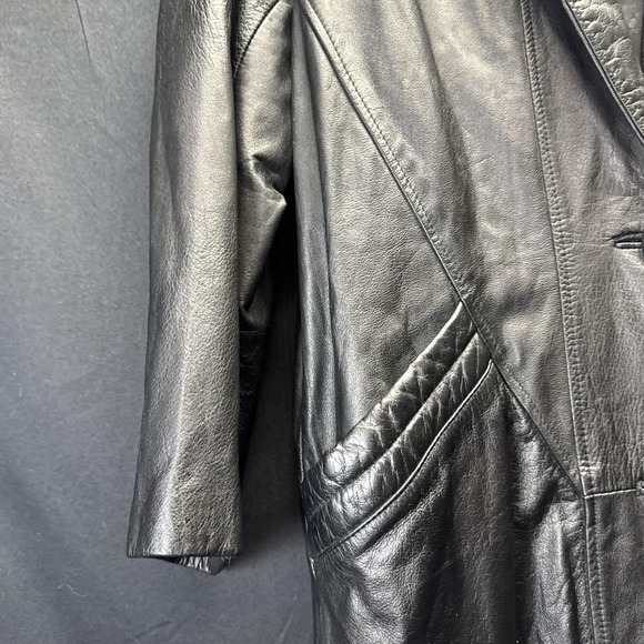 Vintage Donna Pelle‎ Leather Coat Womens Medium Black Long Trench Overcoat 90s - Picture 6 of 12